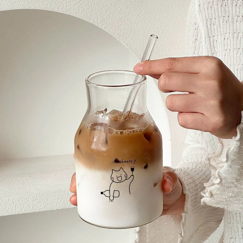 Ins Style Glass Cup, Household Drinking Cup, Simple Cold Brew Coffee Cup, Large Capacity High-value Juice Cup, Straw Cup