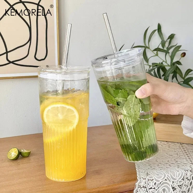 600ml Striped Glass Cup with Lid & Straw – Transparent Drinking Glass for Juice, Iced Coffee & Water, Outdoor Drinkware