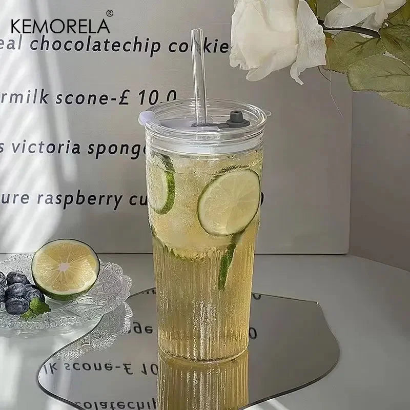 600ml Striped Glass Cup with Lid & Straw – Transparent Drinking Glass for Juice, Iced Coffee & Water, Outdoor Drinkware